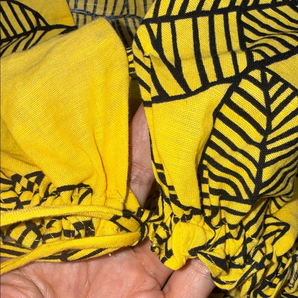 Zara Yellow Leaf-Print Drawstring Crop Top V-Neck Linen Cotton XS - Picture 5 of 7